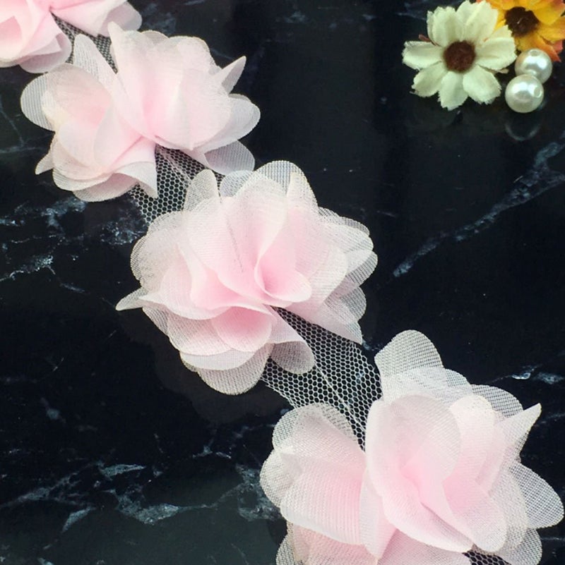 YYCRAFT 4.5 Yards 2.5" 3D Chiffon Flower Lace Trims Bridal Bouquets Cluster Flower DIY Sewing(Baby Pink) - Image 2